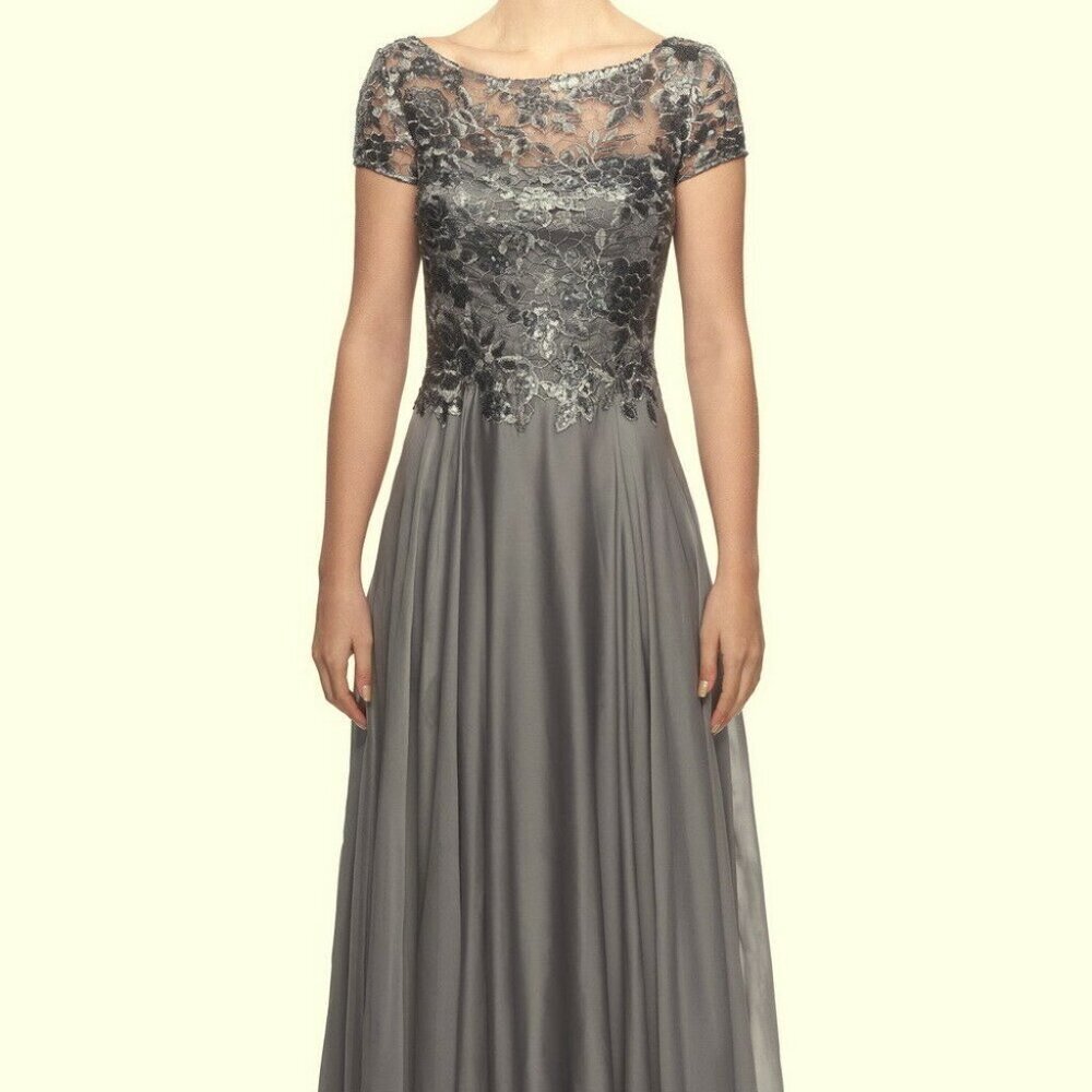 La Femme Platinum Silver Floral Lace & Satin Gown